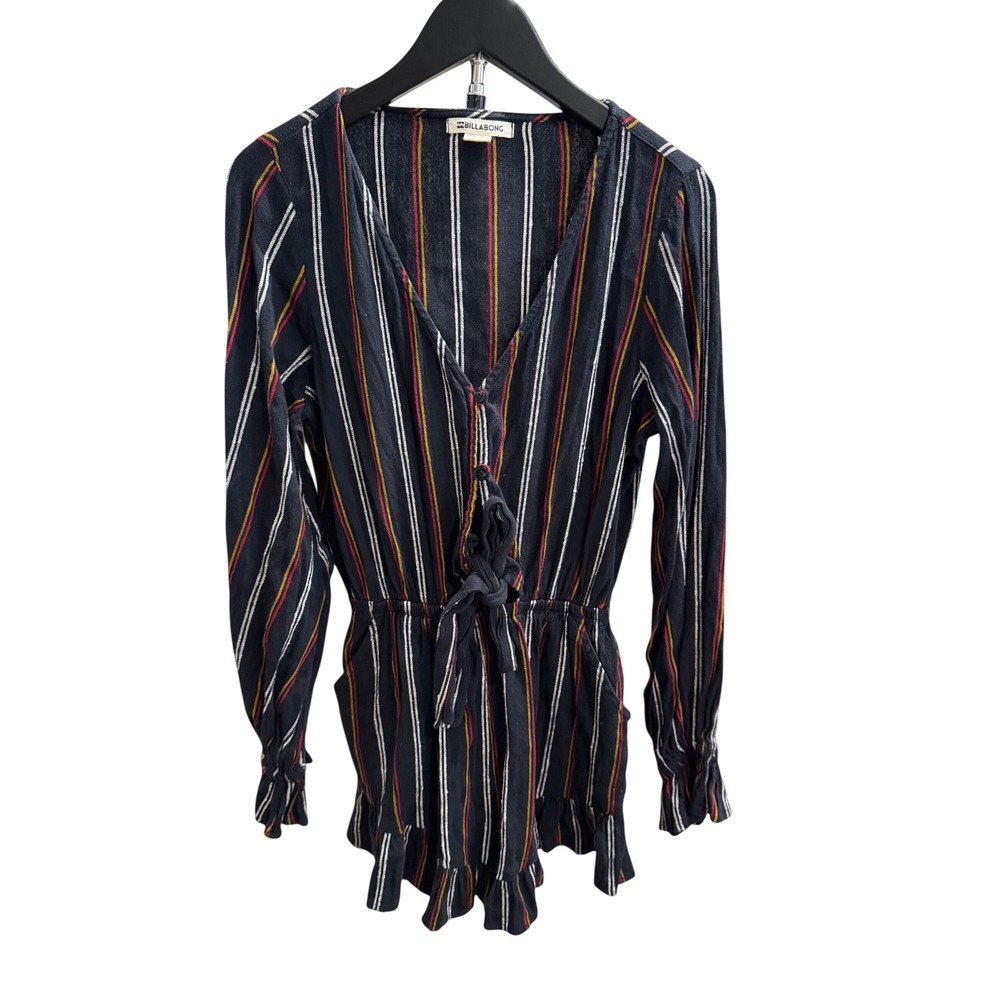 Billabong Womens Striped Long Sleeve Romper Black Red Yellow V-Neck Small